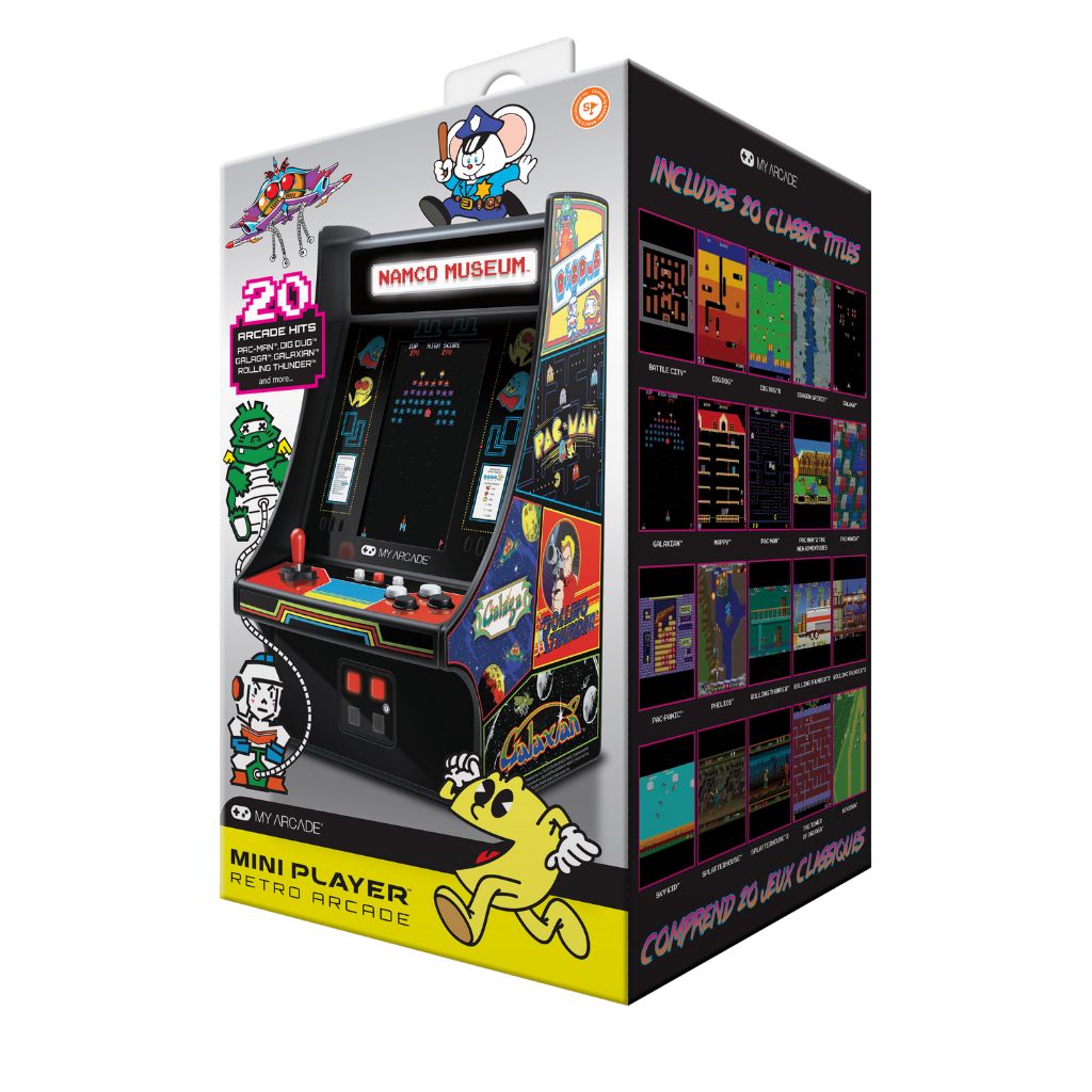 Box for a mini arcade player with retro games on a white background
