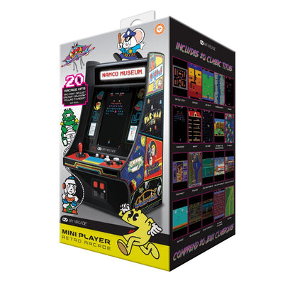 Box for a mini arcade player with retro games on a white background