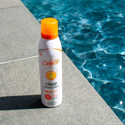 Calypso sunscreen spray bottle by a pool