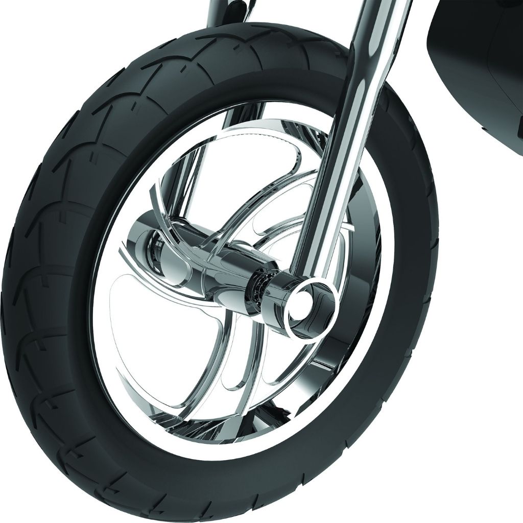 Close-up of a motorcycle wheel with a white background