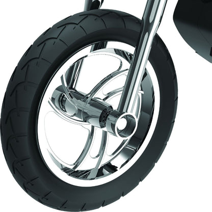 Close-up of a motorcycle wheel with a white background
