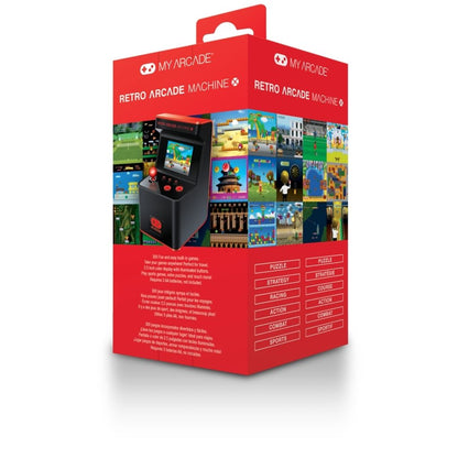 Red box packaging of a retro arcade machine with game graphics on a white background