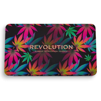Makeup Revolution palette with colorful cannabis leaf pattern on a black background