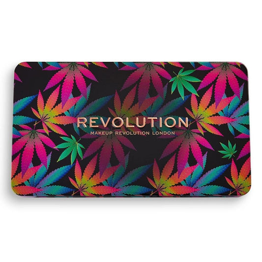 Makeup Revolution palette with colorful cannabis leaf pattern on a black background