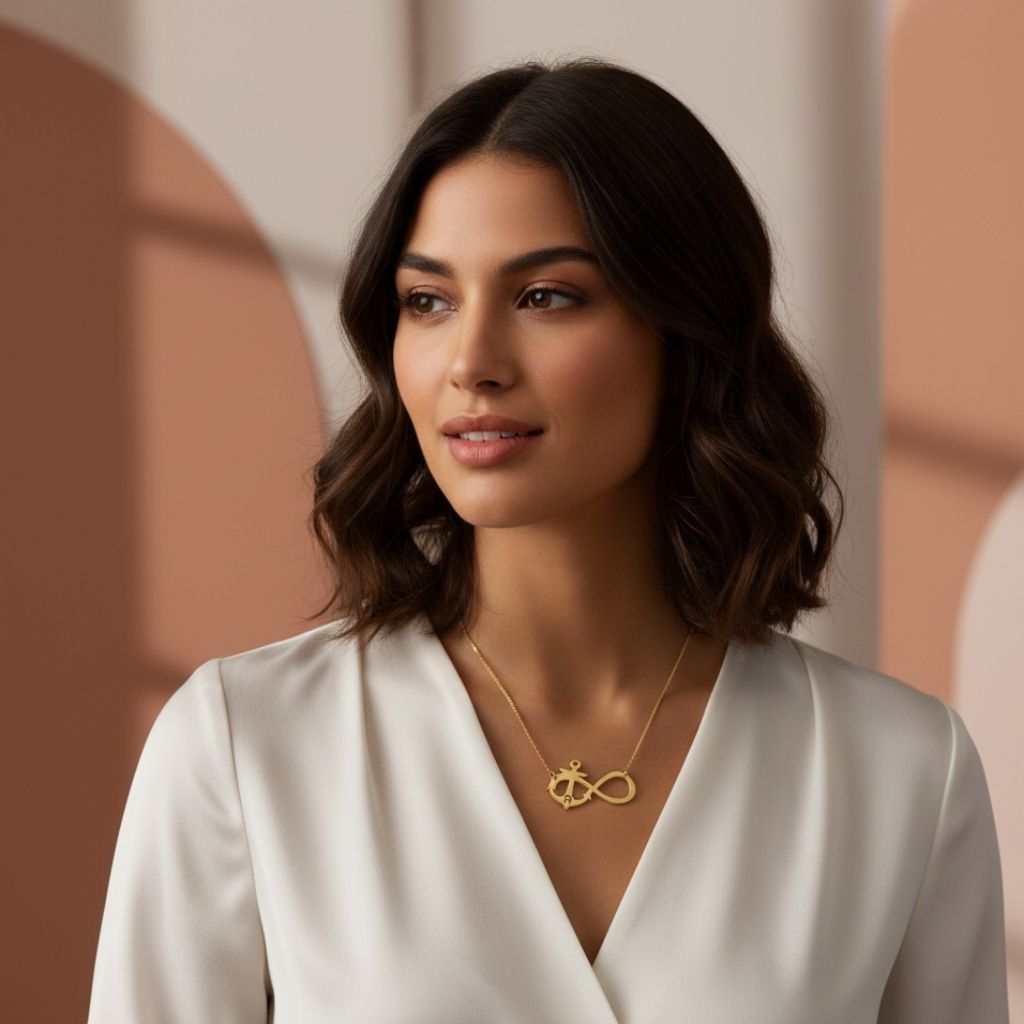 Woman wearing a gold necklace with an infinity symbol against a neutral background