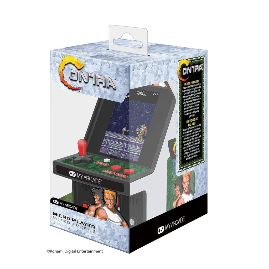 Packaged retro-style arcade game console with 'Contra' branding on a white background