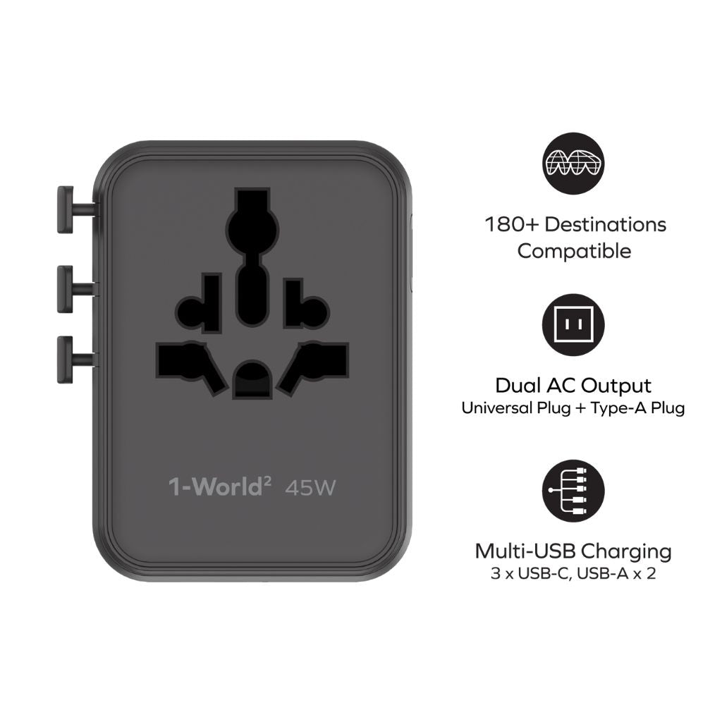 Momax 1-World2 45W 5 Port Dual AC Travel Adaptor