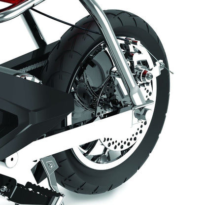 Close-up of a motorcycle wheel with a white background