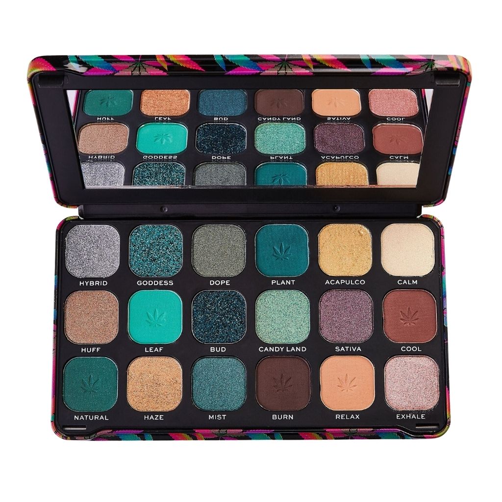Makeup palette with colorful shades and brand logo on a white background