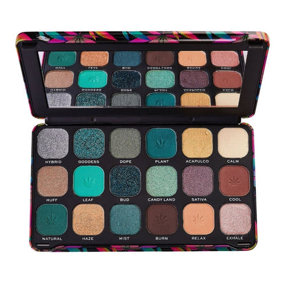 Makeup palette with colorful shades and brand logo on a white background