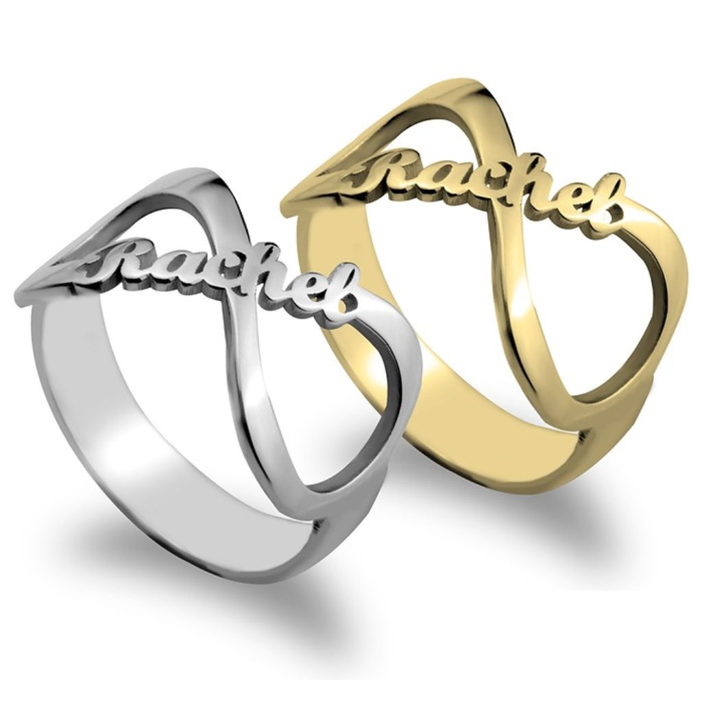 Two name rings, one silver and one gold, on a white background