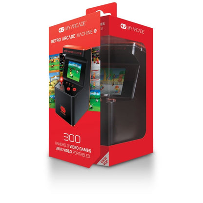 Red packaging of a retro arcade machine with a small screen displaying games.