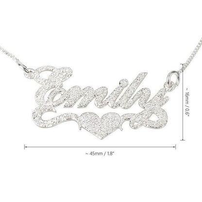 Silver name necklace with 'Smith' and a heart pendant, shown with measurements on a white background.