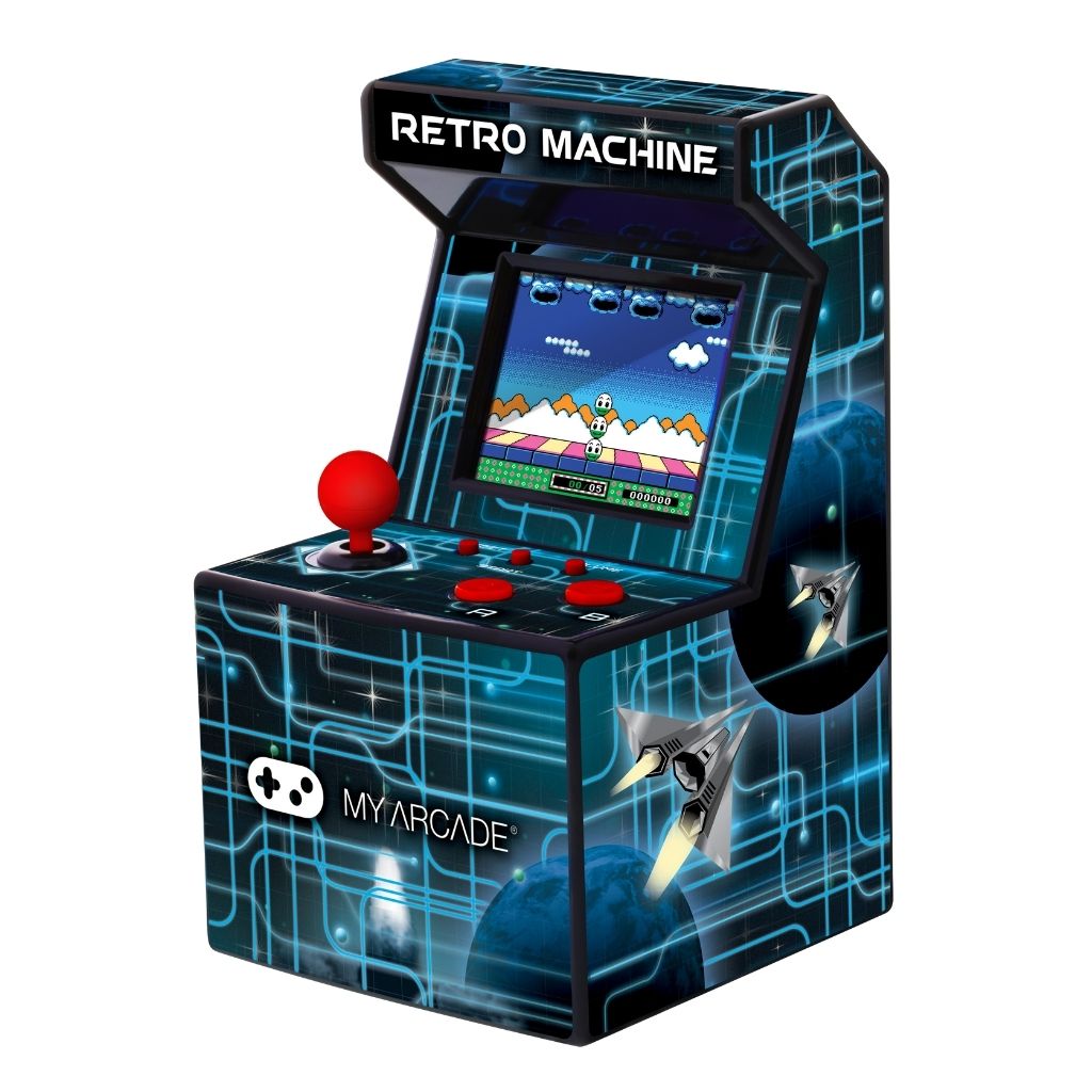 Miniature retro arcade machine with screen displaying a game, branded 'My Arcade'.