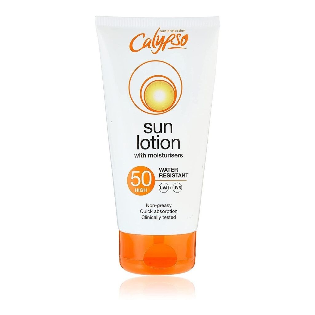 Calypso sun lotion tube with SPF 50 on a white background