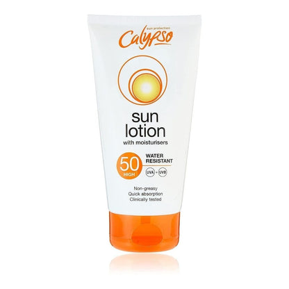 Calypso sun lotion tube with SPF 50 on a white background