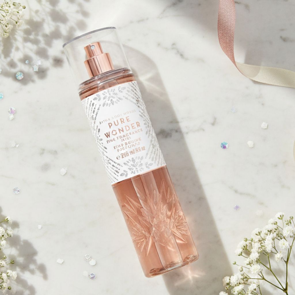 Skincare bottle labeled 'Pure Wonder' on a light background with flowers.