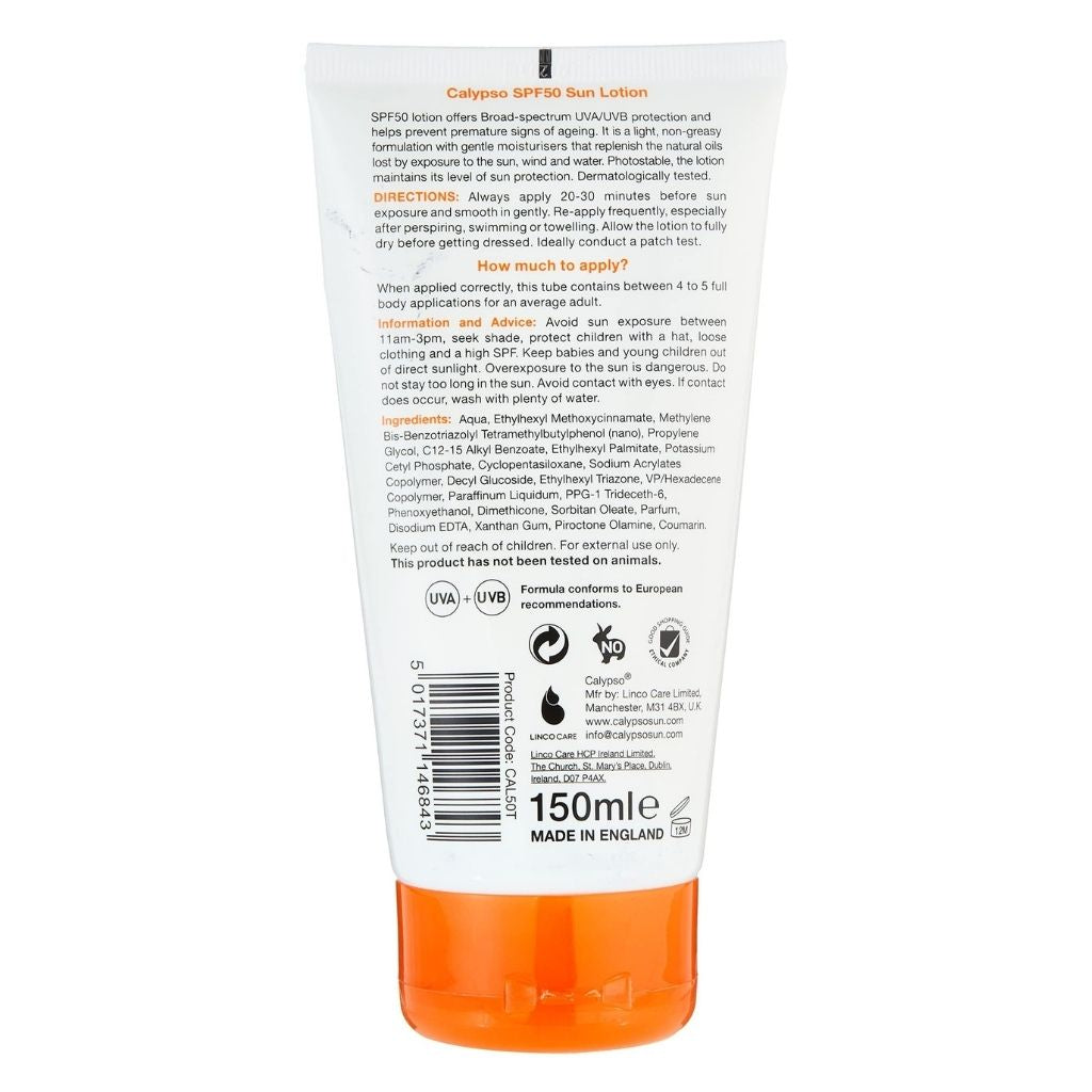 Back view of a sunscreen lotion tube with text and branding on a white background
