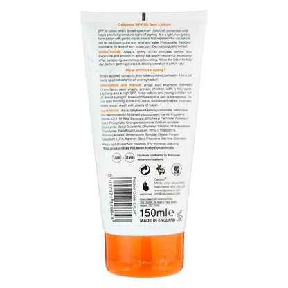 Back view of a sunscreen lotion tube with text and branding on a white background