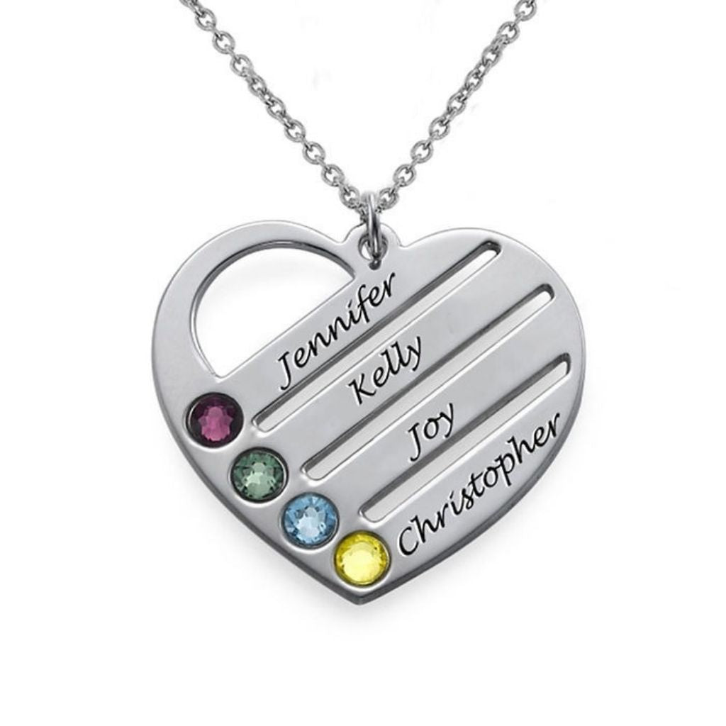 Angled Design Engraved Names Heart Necklace With Birthstones