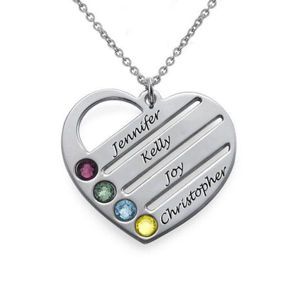 Angled Design Engraved Names Heart Necklace With Birthstones