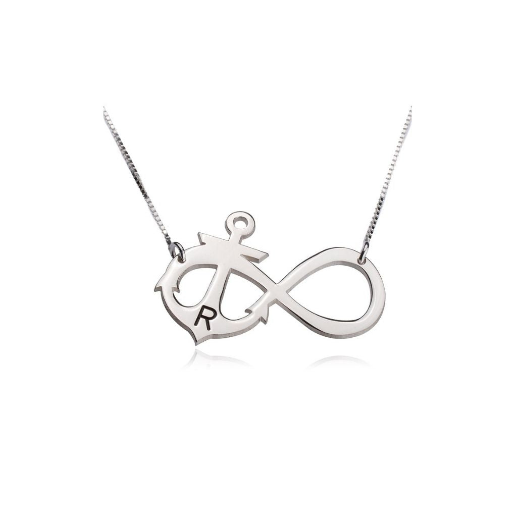 Silver necklace with an infinity symbol pendant on a white background
