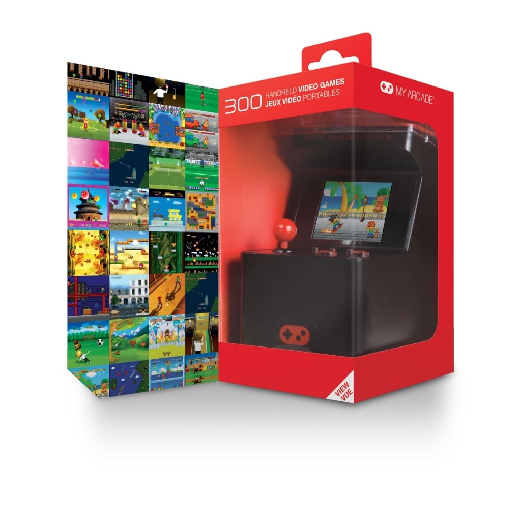 Portable video game console with red accents in a box featuring game screen images on a white background