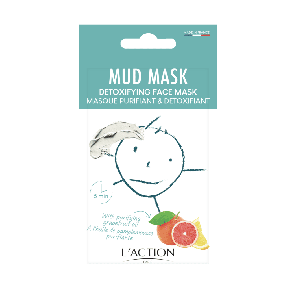 Detoxifying face mask packaging with a cartoon face and grapefruit illustration on a white background.