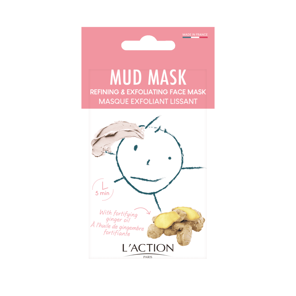 Mud mask packaging with ginger root illustration on a white background