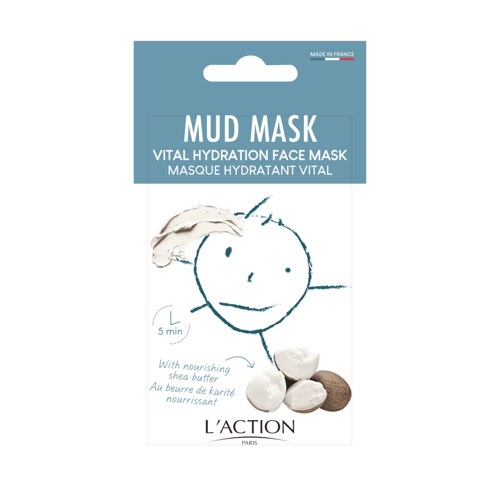 L'Action mud mask packaging with a cartoon face design on a white background