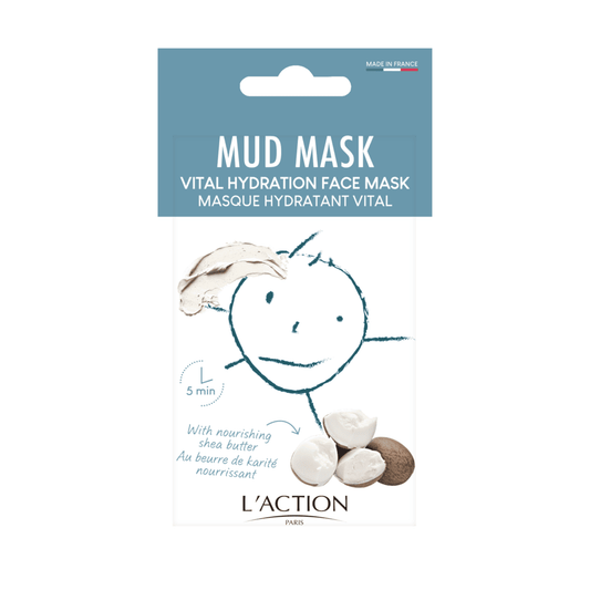 L'Action mud mask packaging with a cartoon face design on a white background