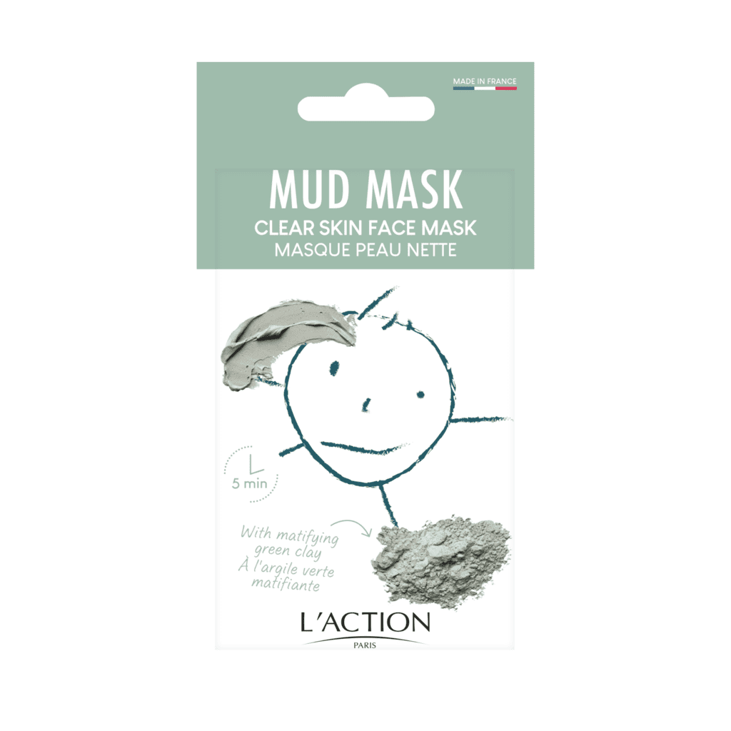 Mud mask packaging with L'Action branding on a white background