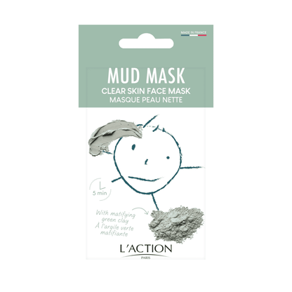Mud mask packaging with L'Action branding on a white background