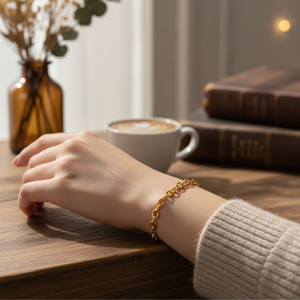 Hand with a gold bracelet on a wooden table with a cup of coffee and books in the background