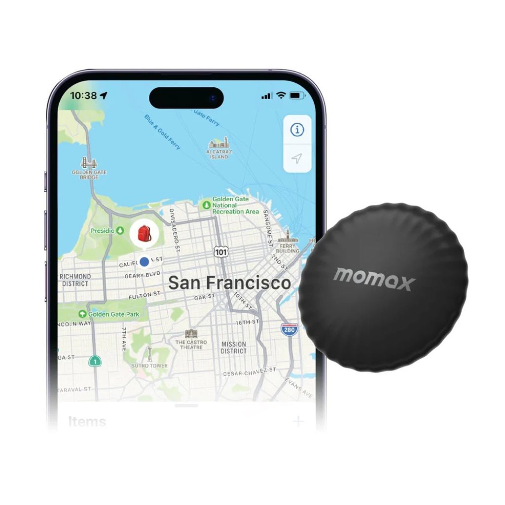 Phone with map app open showing San Francisco and a black device labeled 'momax' on a white background