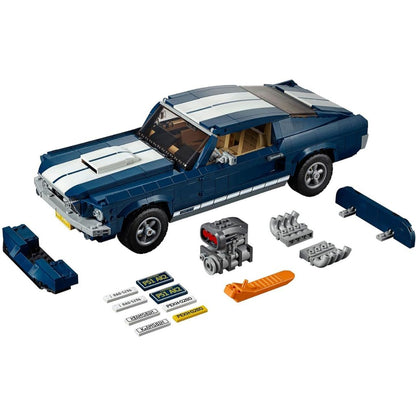 LEGO model of a blue and white car with various components on a white background