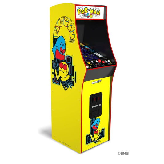 Pac-Man arcade machine with yellow cabinet and character graphics on a white background
