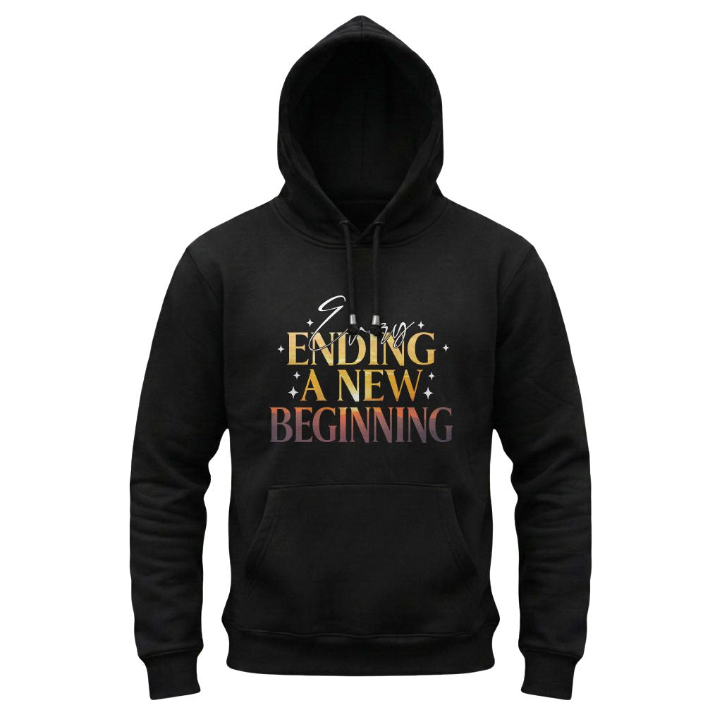 Black hoodie with 'Ending A New Beginning' text on a white background