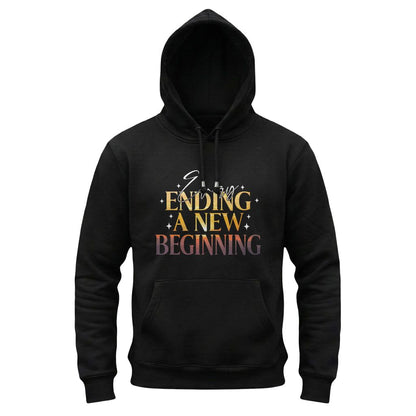Black hoodie with 'Ending A New Beginning' text on a white background