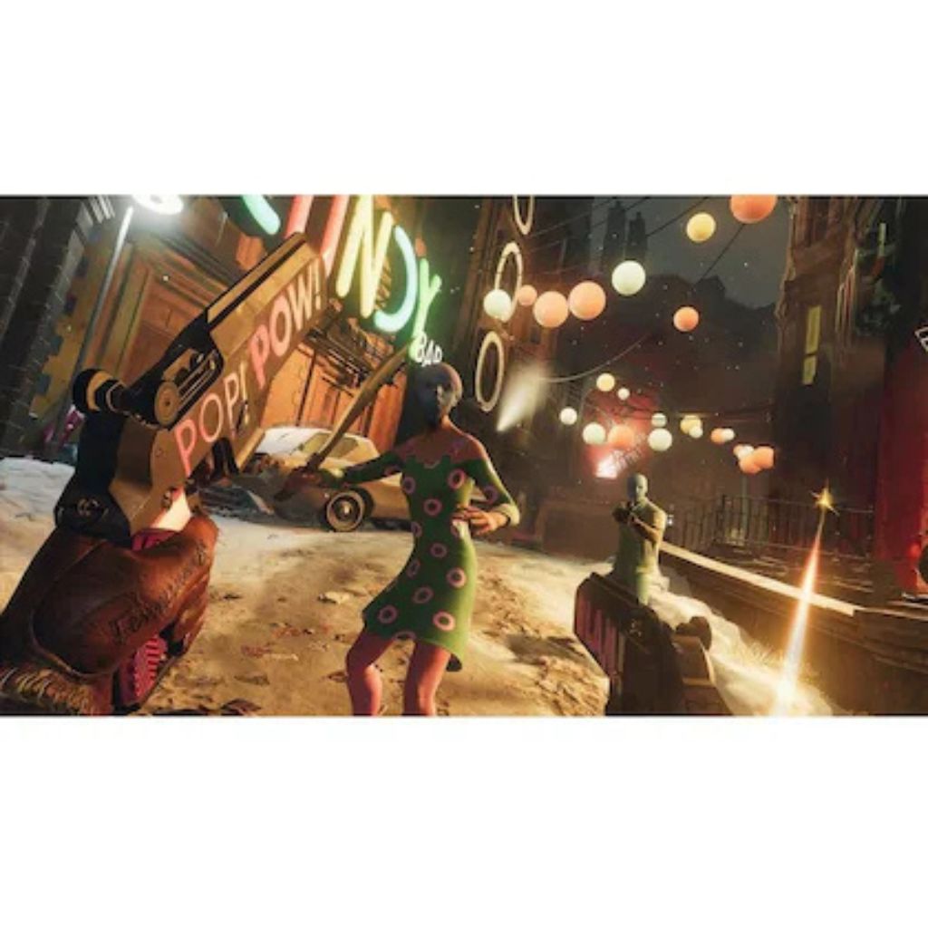 Vintage-style street scene with a woman in a polka dot dress and a car, illuminated by neon signs.