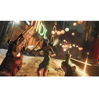 Vintage-style street scene with a woman in a polka dot dress and a car, illuminated by neon signs.
