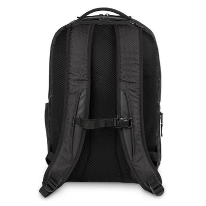 Black backpack shown from the back on a white background