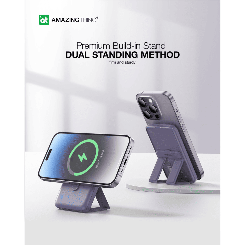 Phone stand with dual standing method on a white background, featuring the 'Amazing Thing' brand.