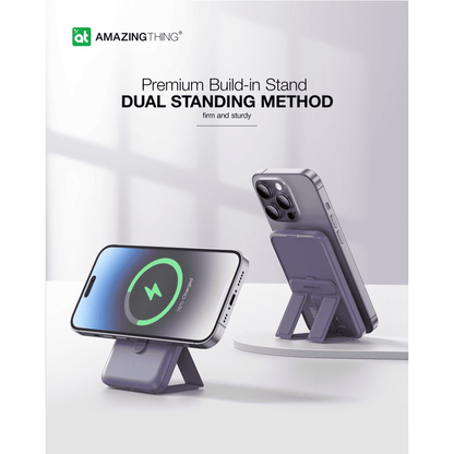 Phone stand with dual standing method on a white background, featuring the 'Amazing Thing' brand.