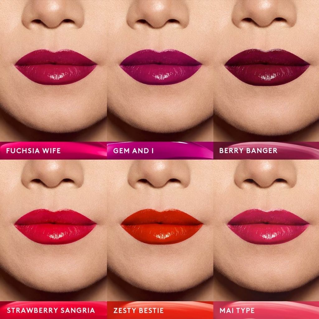 Lipstick color swatches on a model's lips with labels underneath.