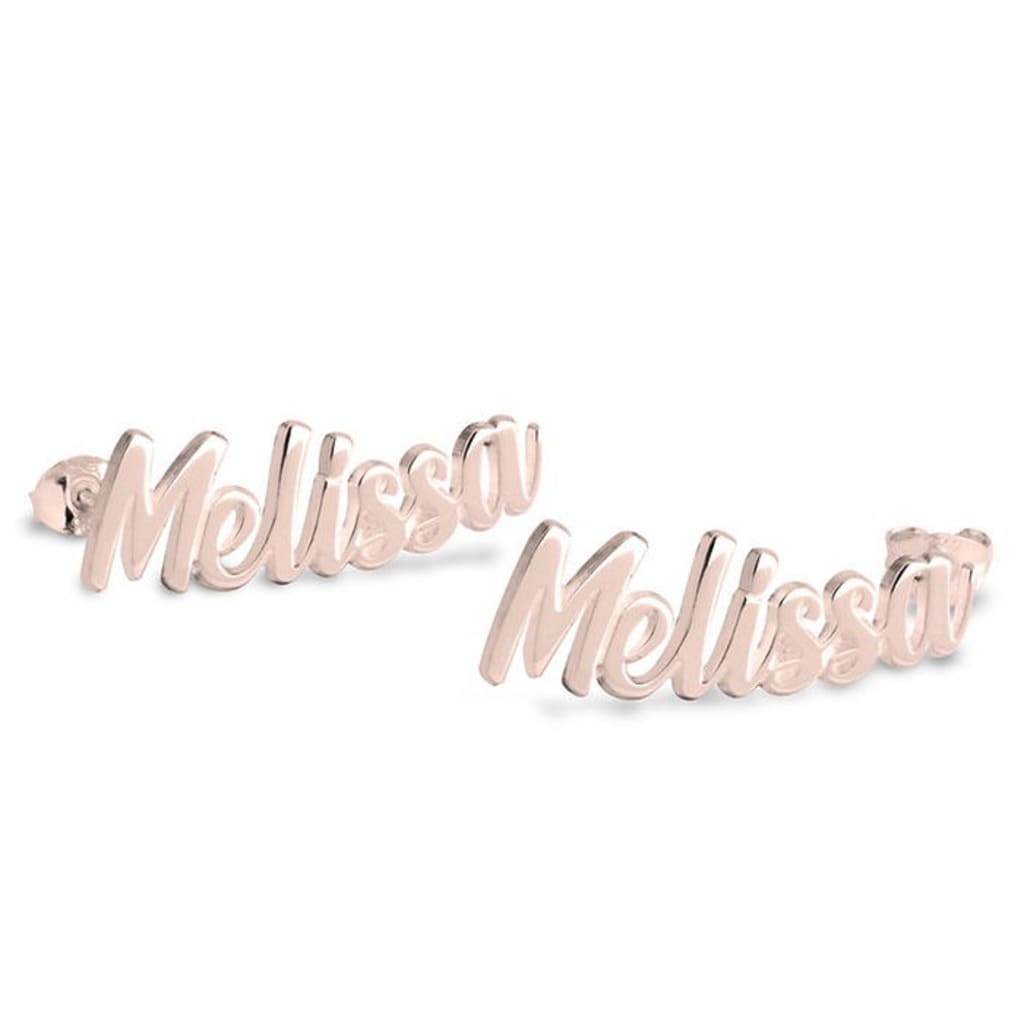 Rose gold 'Melissa' nameplate earrings on a white background
