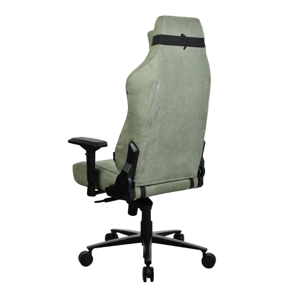 Green office chair with black armrests and wheels on a white background