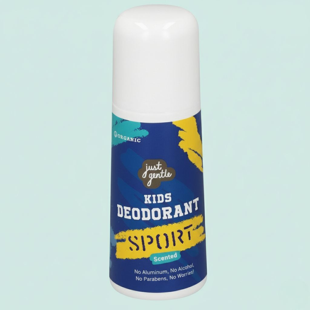 Children's deodorant stick with blue and yellow label on a light blue background