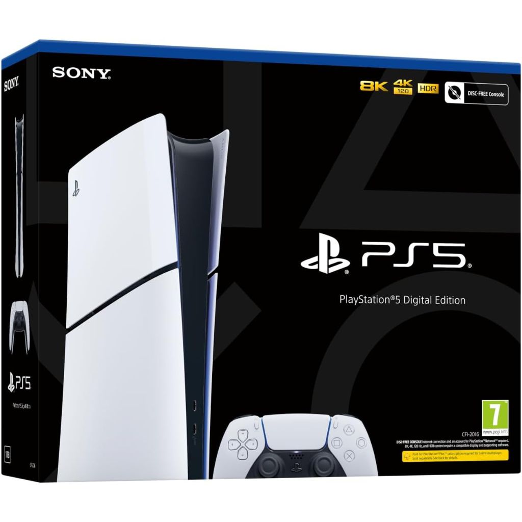 PlayStation 5 Digital Edition packaging with console and controller on a black background