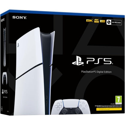 PlayStation 5 Digital Edition packaging with console and controller on a black background